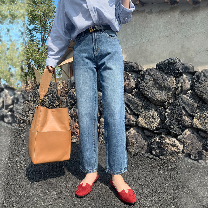 直筒小脚牛仔裤女无弹力春秋宽松窄版小个子26新款港风锥形复古蓝