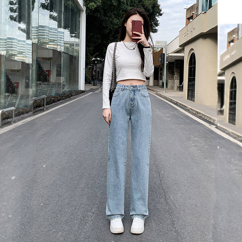 复古阔腿牛仔裤女无弹力窄版直筒小个子九分宽松25秋新款高腰深蓝