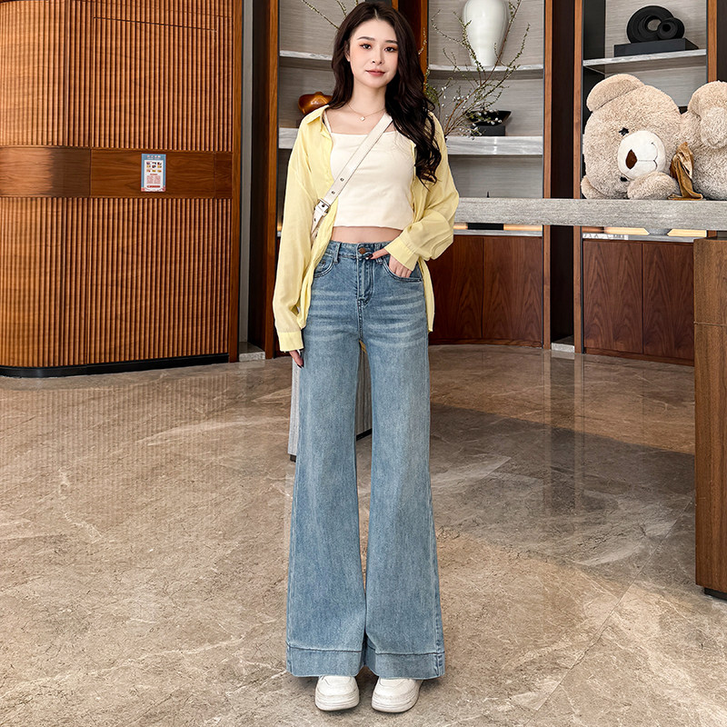 弹力微喇牛仔裤女小个子阔腿做旧高腰宽松不贴腿2026春秋新款加长