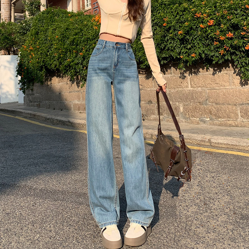 浅色直筒牛仔裤女无弹力2026新款高腰宽松阔腿窄版春夏小个子加长