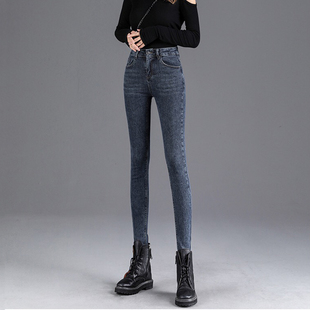 高腰牛仔裤女有弹力小脚紧身小个子九分秋冬加绒铅笔25新款黑靴裤