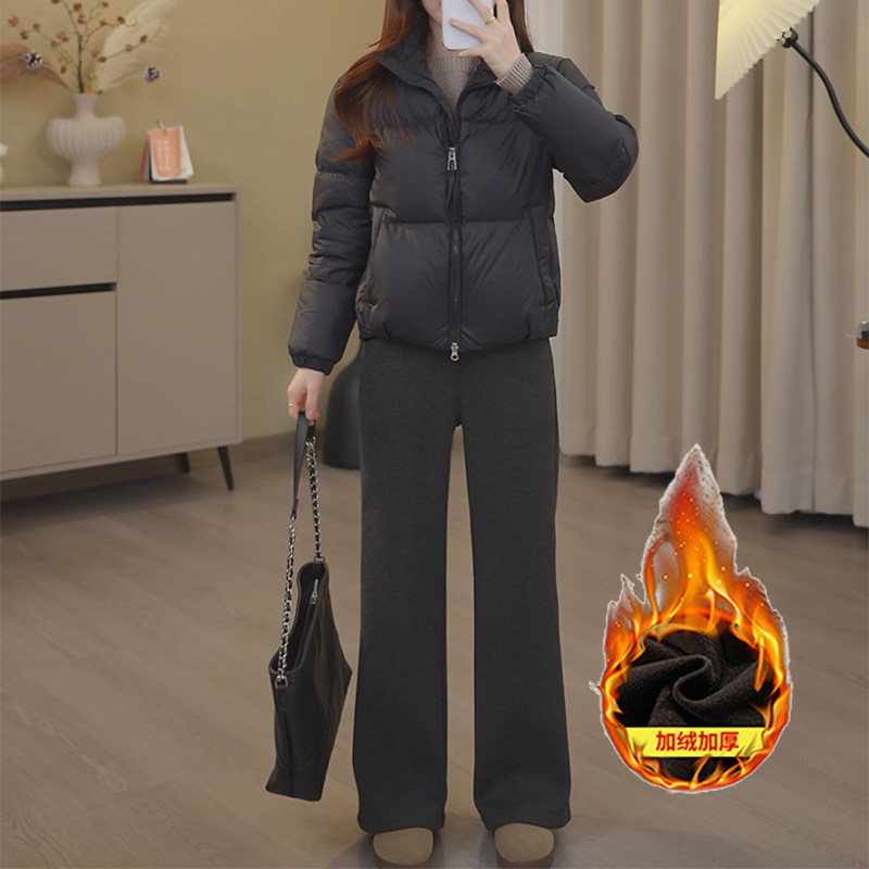 松紧腰加绒微喇叭休闲裤高腰弹力