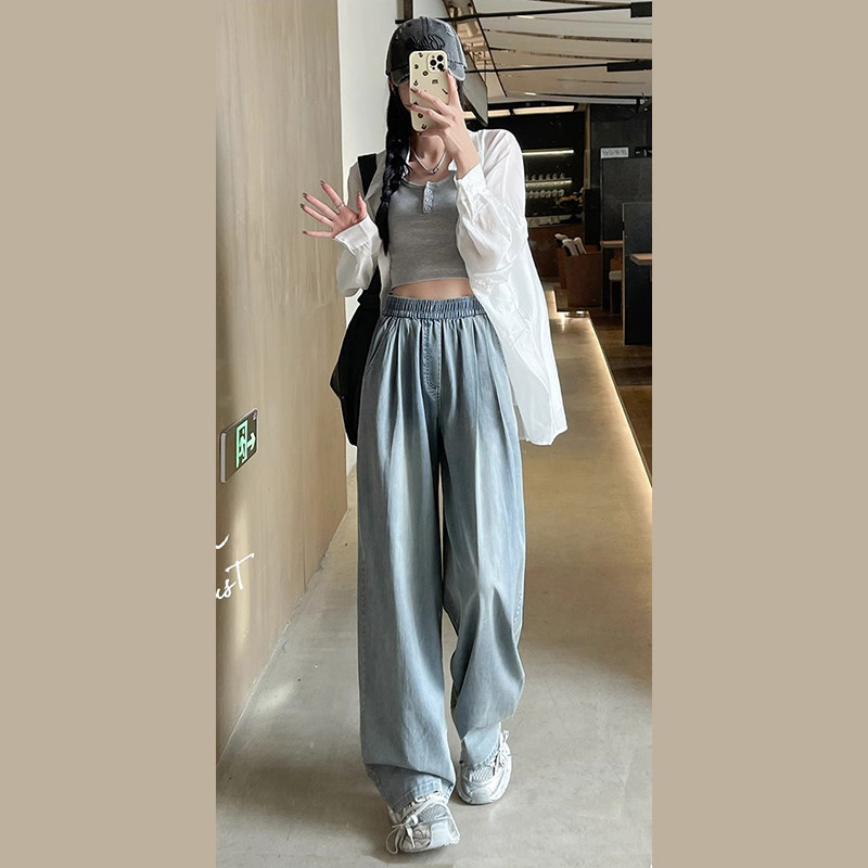 大码松紧腰阔腿牛仔裤女无弹力天丝小个子慵懒松弛感高腰宽松直筒