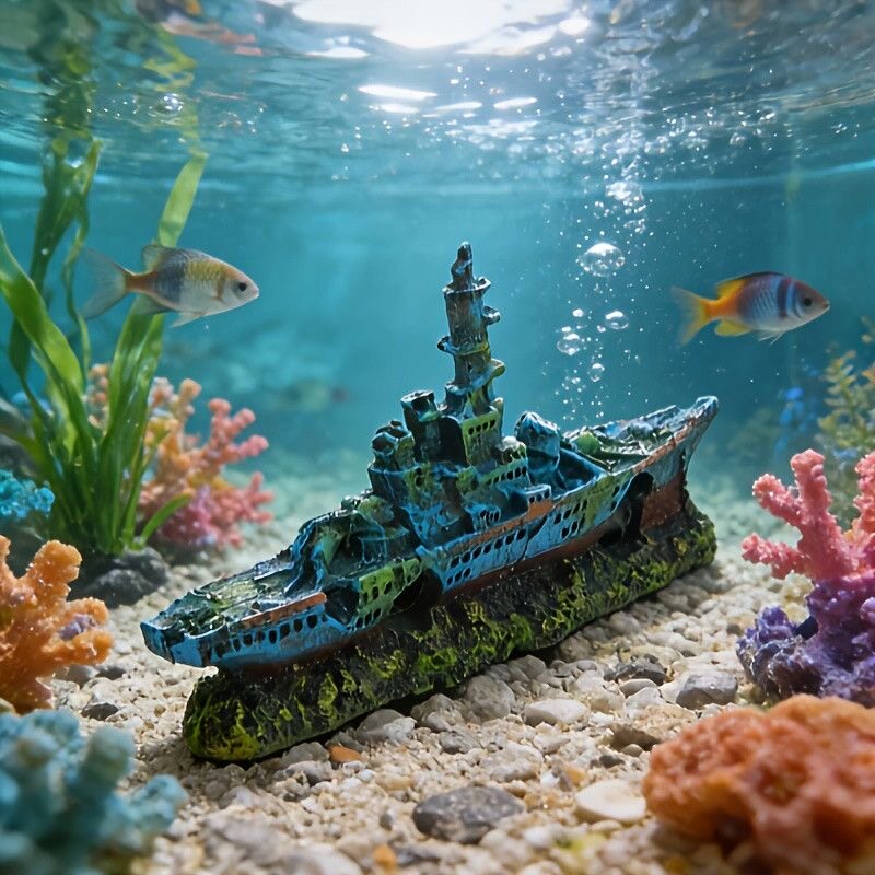 仿真沉船摆件龟缸宠物鱼缸水族装饰造景破旧鱼船海底树脂帆船躲避