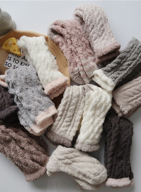 冬季软绵绵麻花毛绒袜简约ins风家居保暖太妃糖色系珊瑚绒睡眠袜