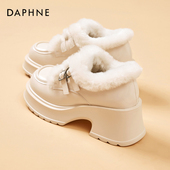 女2025新款 秋冬季 加绒毛毛棉鞋 达芙妮乐福鞋 厚底高跟一脚蹬小皮鞋