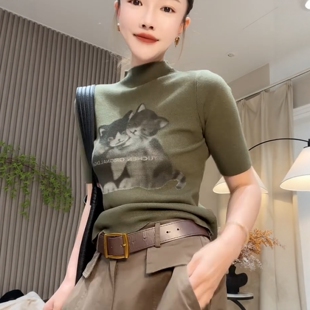 半高领五分袖针织衫女早秋2026年欧货洋气修身弹力显瘦上衣打底衫
