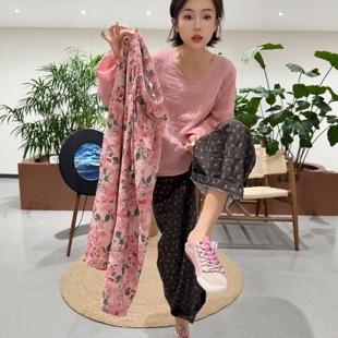 欧货2026年夏天新款时尚洋气棉麻碎花九分休闲裤女百搭阔腿奶奶裤