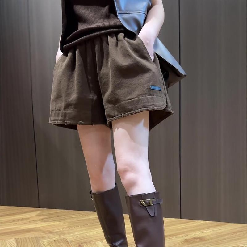 休闲阔腿短裤女2025年夏季洋气皮标洗水牛仔裤百搭松紧高腰a字裤