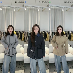 【芳芳力荐】英式翻领菱格绗缝羽绒服女中长款收腰腰带RRY1707