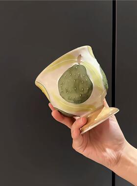 中古风浮雕高脚早茶杯带手柄陶瓷早餐杯燕麦咖啡杯轻奢高级感水杯