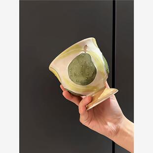 中古风浮雕高脚早茶杯带手柄陶瓷早餐杯燕麦咖啡杯轻奢高级感水杯