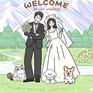 手绘结婚礼电子请柬卡通人物设计Q版感谢卡喜糖盒定制动漫画形象