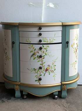 至高美式蓝色彩绘梳妆台卧室多功能化妆台收纳柜折叠化妆镜子