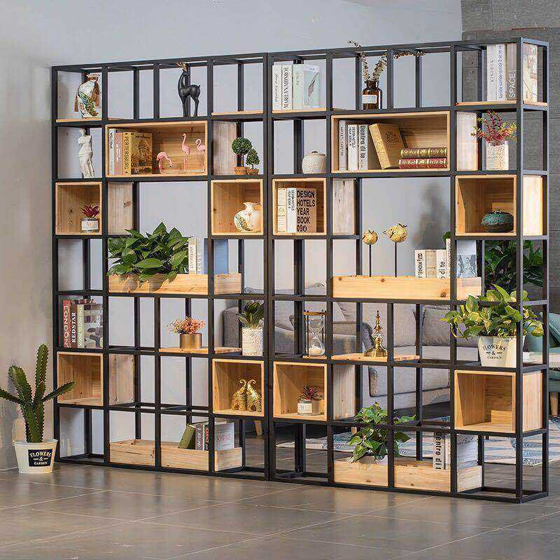 美式铁艺复古隔断置物架客厅书柜格子架简约实木盒子架屏风展示架