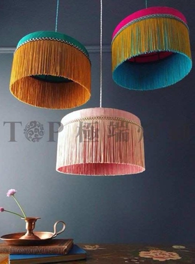 现代艺术餐厅亚麻布艺粉红色流苏吊灯创意中式客厅设计师民宿灯具