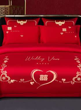 磨毛新婚庆四件套加厚大红色刺绣结婚床品婚陪嫁被套床单床上用品