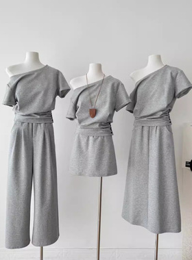 WESTAYOONE韩系灰色休闲运动套装女短款收腰斜肩上衣阔腿裤两件套