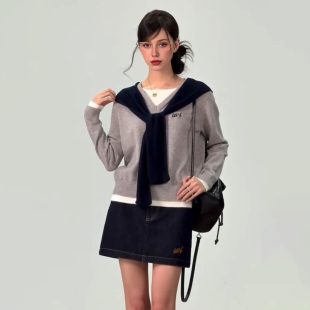 7.20新品 WESTAYOONE 假两件针织上衣女韩系通勤+牛仔裤+牛仔短裙