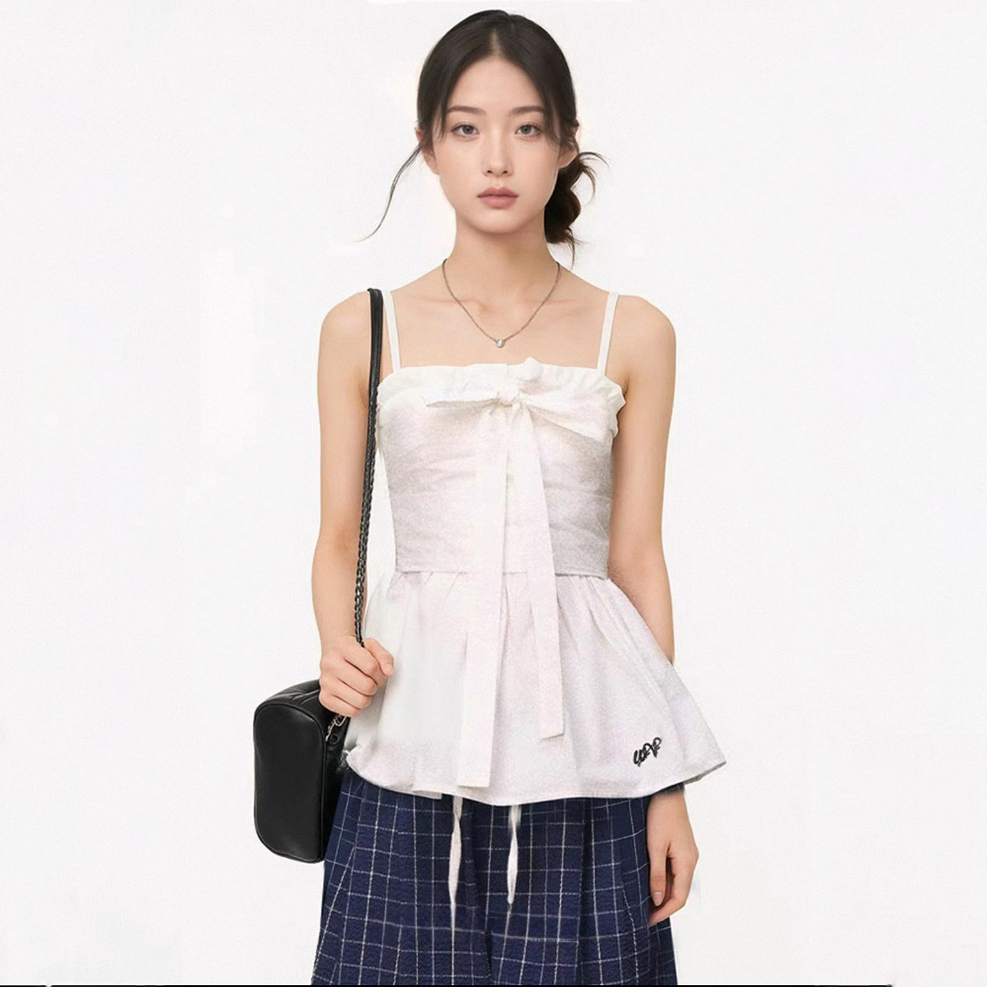 WESTAYOONE白色蝴蝶结吊带上衣女夏季休闲宽松格子阔腿长裤两件套