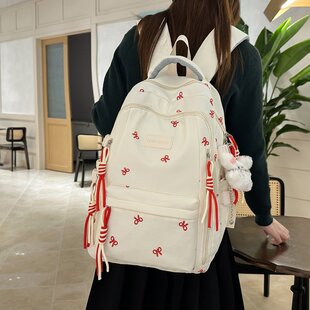 2026新款甜美风刺绣书包女高中生大容量宽肩带背包初中学生双肩包