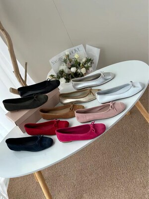 reqins时尚平底芭蕾舞鞋软底蝴蝶结跳舞鞋羊皮方头浅口一脚蹬单鞋