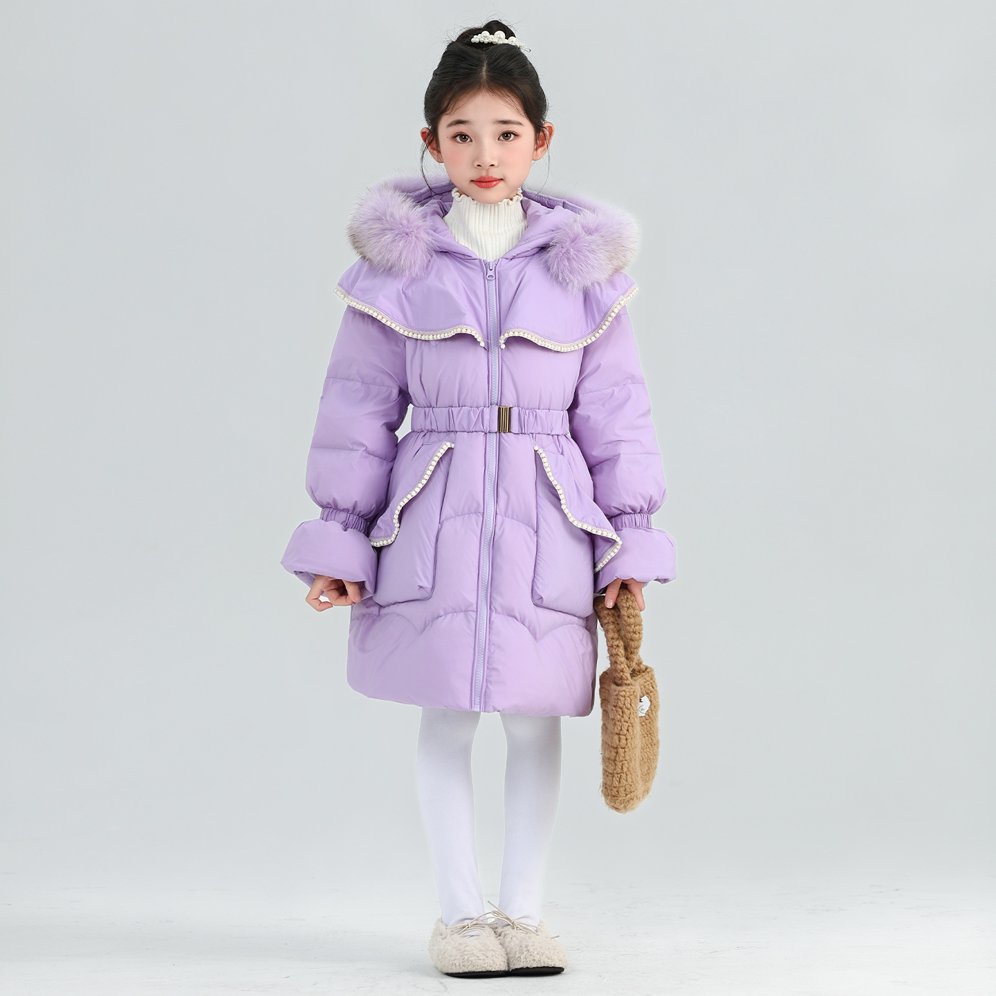 史比星女童羽绒棉服中长款冬季2025新款儿童加厚保暖甜美公主外套