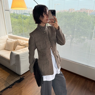 【高智女士】奢牌同源羊毛花呢人字纹秋冬外套 复古工装西装夹克