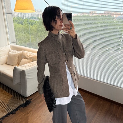 【高智女士】奢牌同源羊毛花呢人字纹秋冬外套 复古工装西装夹克