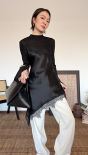 山阶【高审美叠穿】蕾丝不对称醋酸吊带裙小众设计独特缎面连衣裙