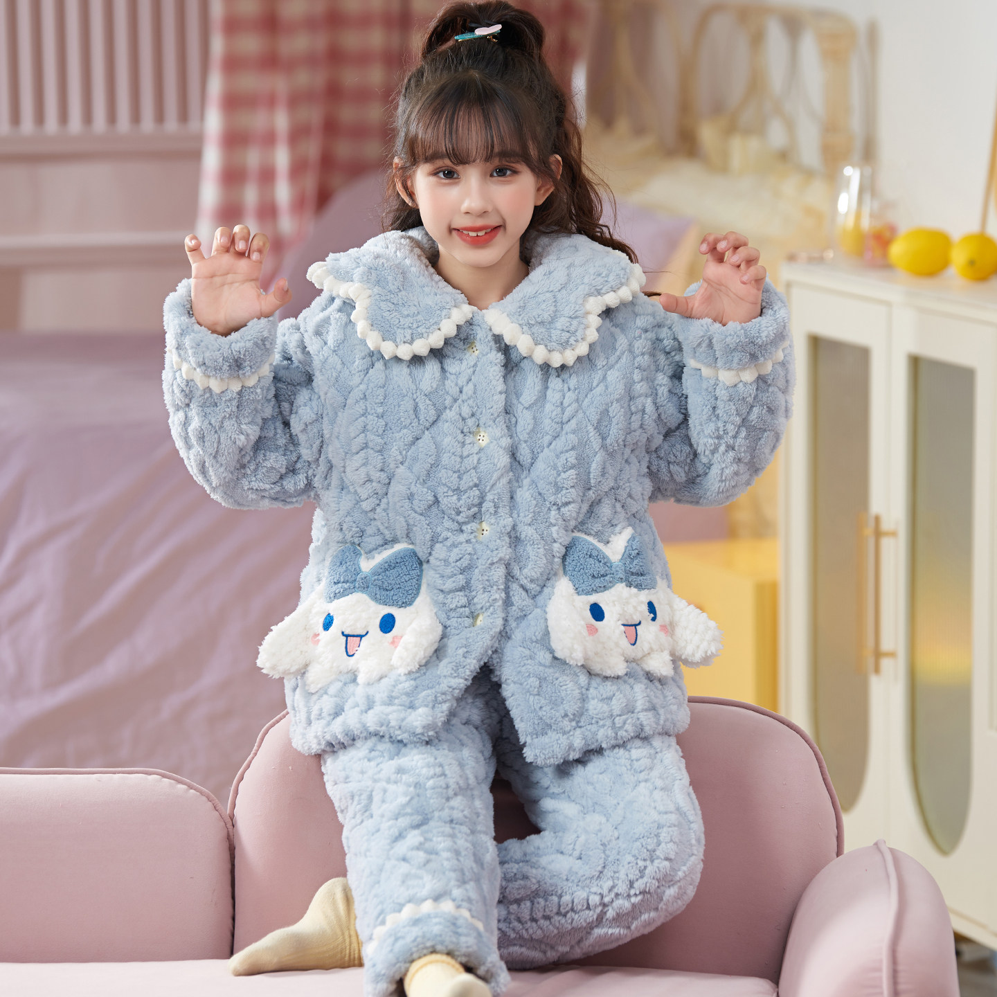 儿童睡衣女孩可爱玉桂狗冬天高端三层夹棉加厚珊瑚绒女大童家居服