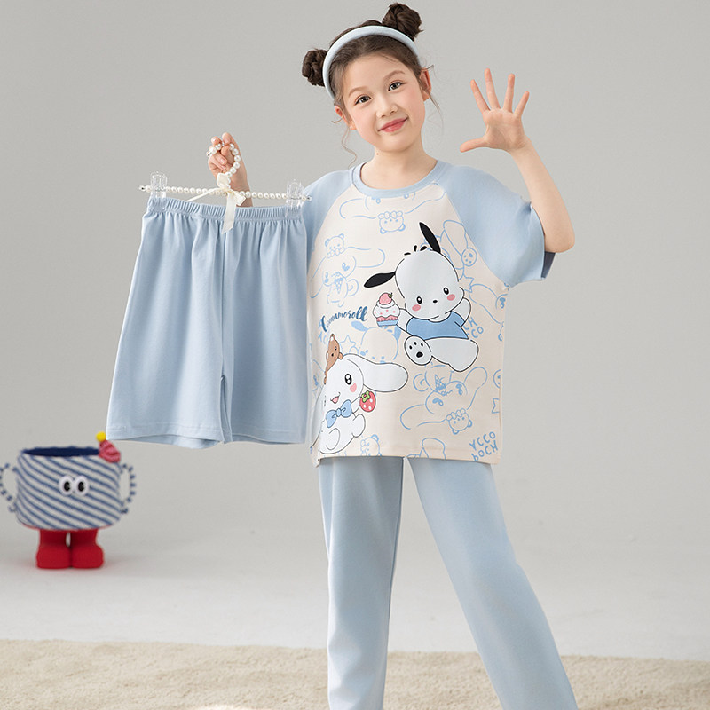 女童睡衣可爱玉桂狗三件套春秋夏季高端纯棉母女装保暖家居服套装