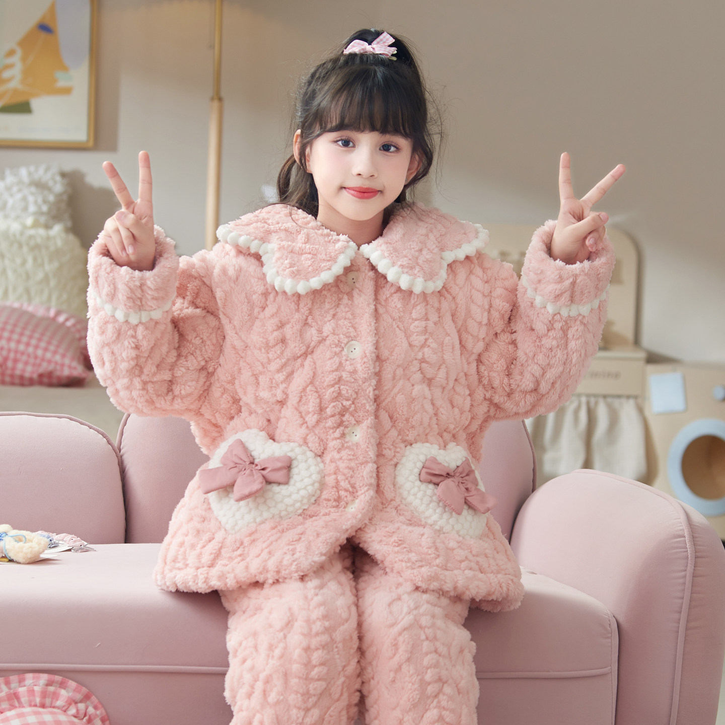 女大童睡衣三层夹棉公主风蝴蝶结加绒加厚冬天保暖高端毛绒母女装