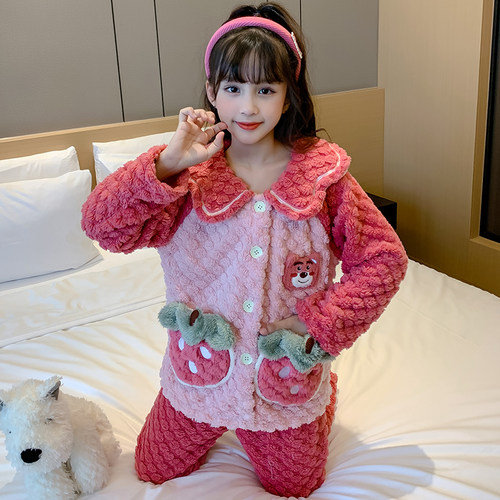 女童睡衣法兰绒男女童卡通秋冬季