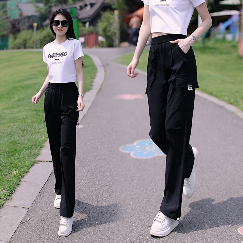 工装裤女2025新款夏薄款郑州夏季夏天长裤黑直筒女士休闲粉色裤子