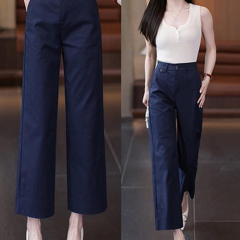 藏青色小个子阔腿裤女2025新款春秋裤子女款高腰窄版直筒九分裤