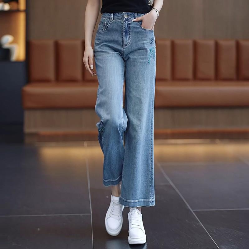 刺绣直筒牛仔裤女夏季薄款2025新款小个子高腰显瘦九分窄版阔腿裤