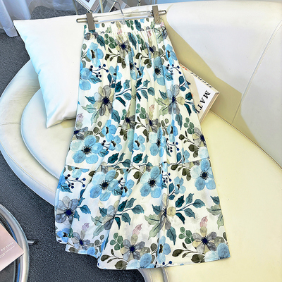 浅蓝色繁花小碎花半身裙女2025夏季薄款高腰a字花苞裙减龄大摆裙