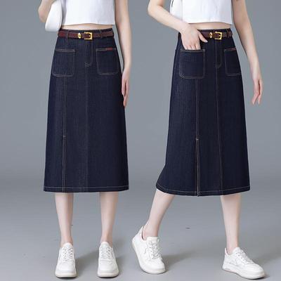 丹宁蓝牛仔半身裙女2025夏季薄款高腰显瘦a字裙中长款开叉一步裙