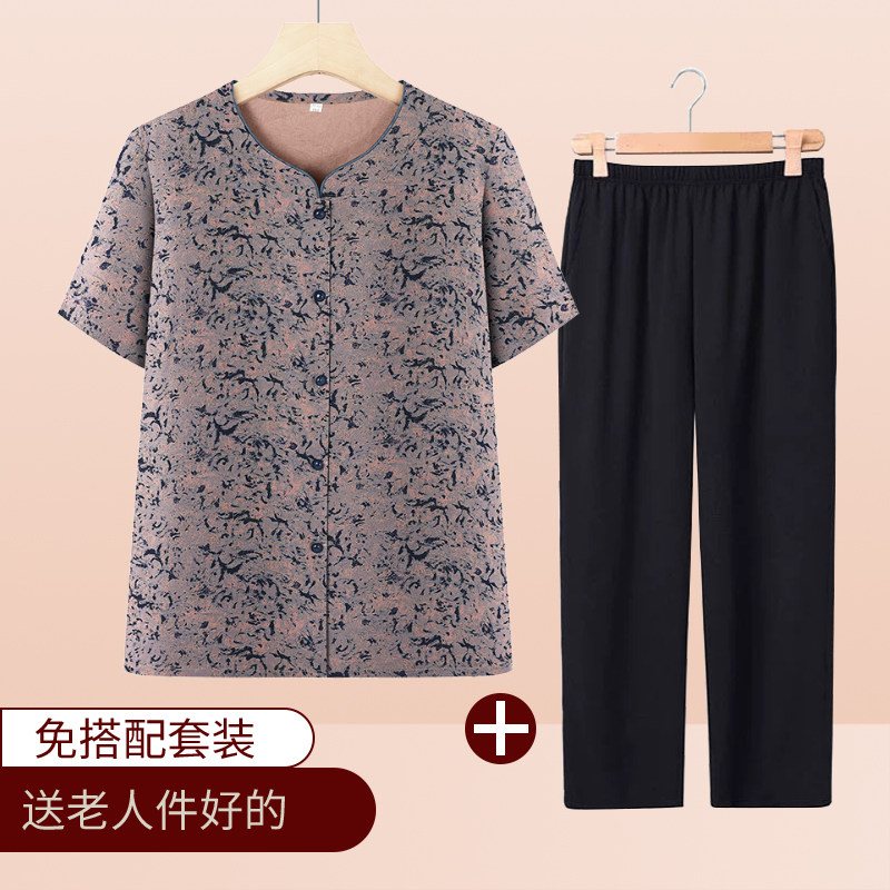 新品奶奶装夏季短袖衬衫中老年人女妈妈装衬衣两件套老太宽松衣服图片