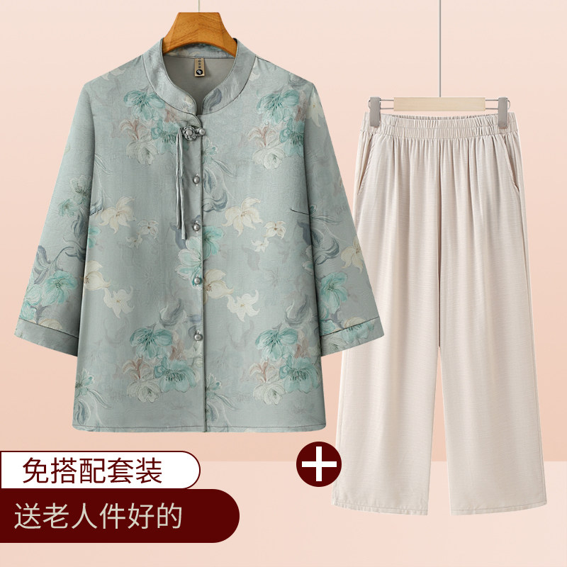 中老年人女夏装衬衫奶奶七分袖套装妈妈老太太夏装老人新中式上衣图片