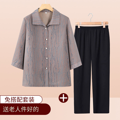 奶奶夏装中袖衬衫中老年女装妈妈翻领洋气套装老太太宽松上衣新款