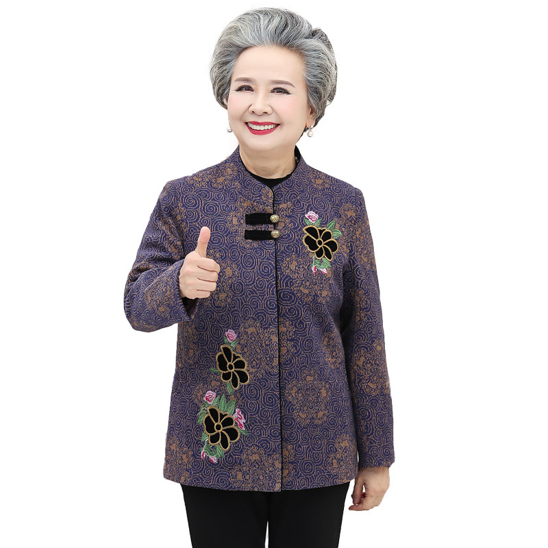 中老年人秋装女奶奶装加绒外套70岁80妈妈毛呢秋冬老人上衣服套装