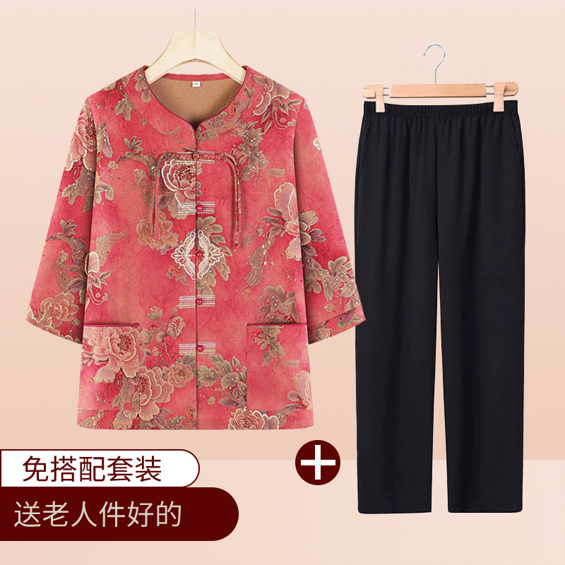 妈妈装夏季中袖衬衫中老年女装宽松舒适奶奶装简约百搭衬衣两件套图片