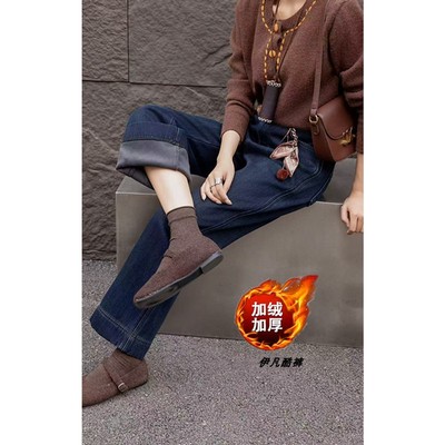 窄版直筒裤松紧腰加绒加厚牛仔裤