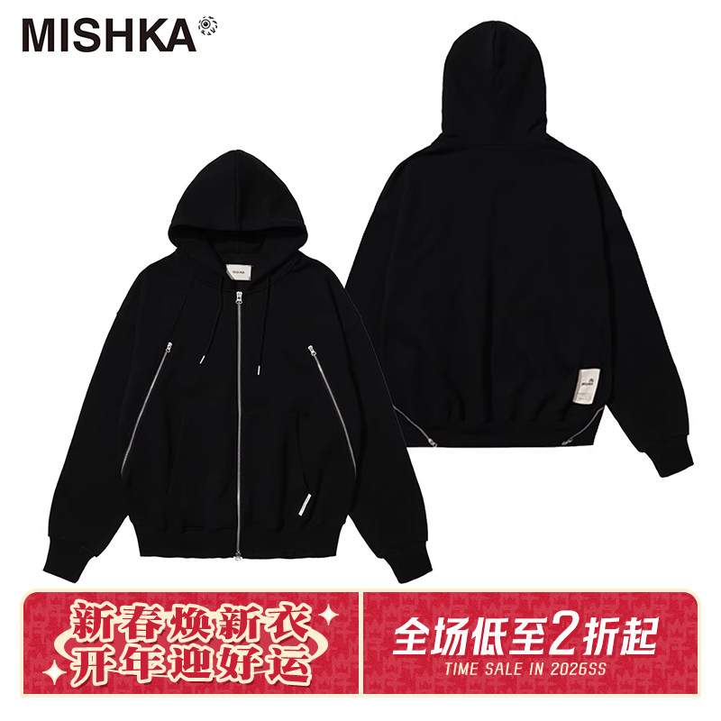 严浩翔同款MISHKA26春季主推美式高街宽松双拉链连帽卫衣外套男女