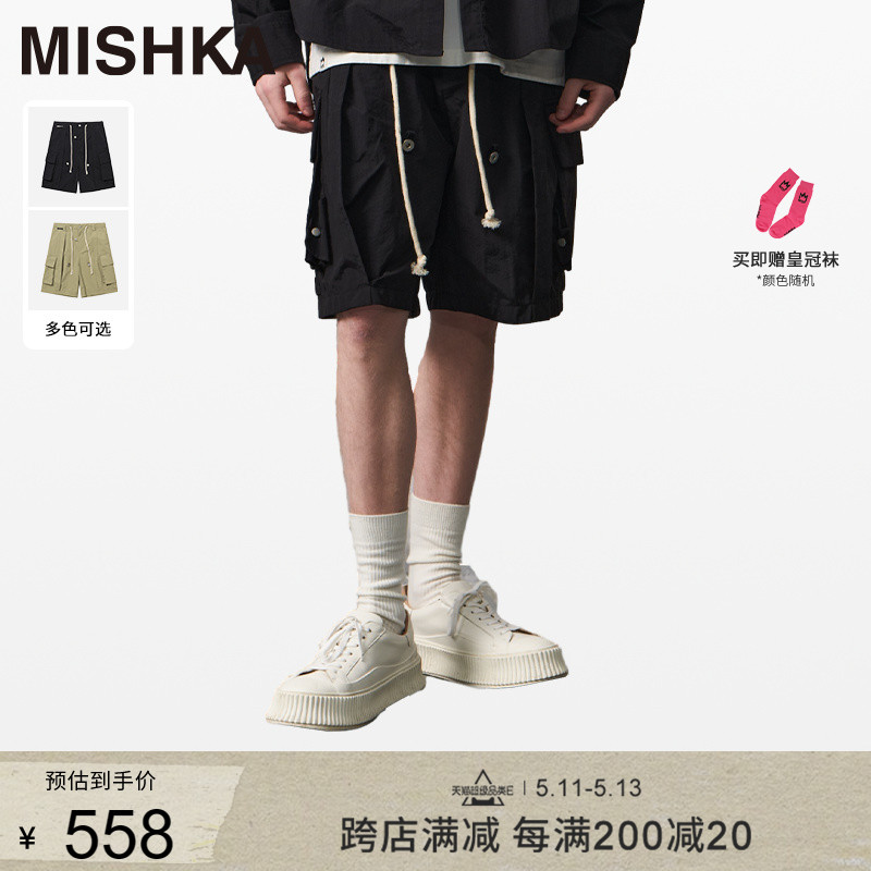 MISHKA2024春夏新款韩系潮流时尚休闲户外男黑色纯色工装短裤