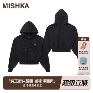 MISHKA大眼球秋冬美式复古女士设计感黑色短款外套双拉链卫衣开衫