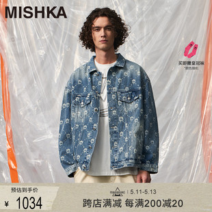 MISHKA大眼球美式 牛仔衣外套 潮牌设计感轻奢机车刺绣重工夹克工装