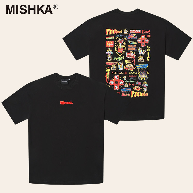 MISHKA26春新复古美式快餐潮流背后印花纯棉男女基础短袖圆领T恤